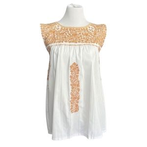 Mi Golondrina Flores Blouse Embroidered White Gold Beige Women’s Small